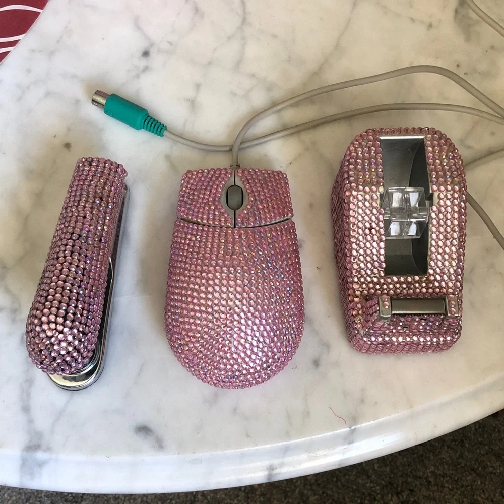 Pink Rhinestone Computer Mouse, tape & stapler 3pc set! Vintage!